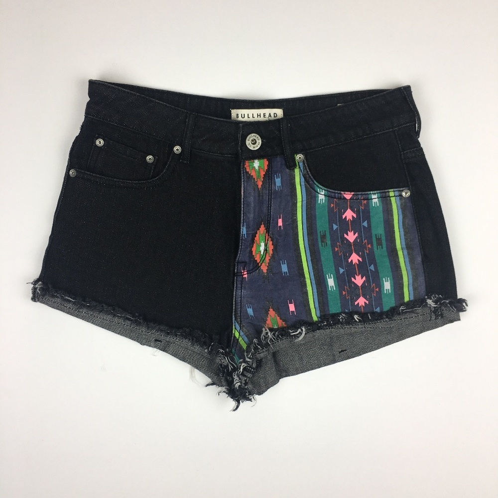 Bullhead High Rise Denim Shorts with Aztec Print